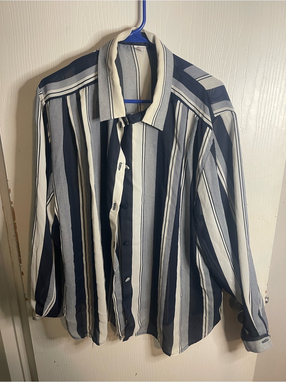 Vertical Stripe Button-Up Shirt - Navy & White